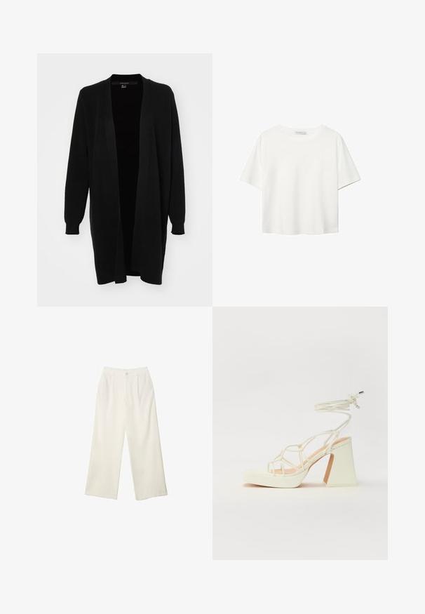 Svart kofta med långa ärmar, öppen front och ribbade muddar. Mjuk textur, minimalistisk design och inga synliga knäppningar.; Vit t-shirt med kort ärm i bomull. Har en rundad halsringning och en avslappnad passform. Slät textur utan synliga mönster eller detaljer.; Breda byxor i krämfärgad tyg med en mjuk yta, med en enda knapp fram, subtila veck och en hög midja design.; Vit högklackad sandal med en kraftig klack, med ett remdesign och ankelband. Slät textur med en plattform framtill för ökad höjd.