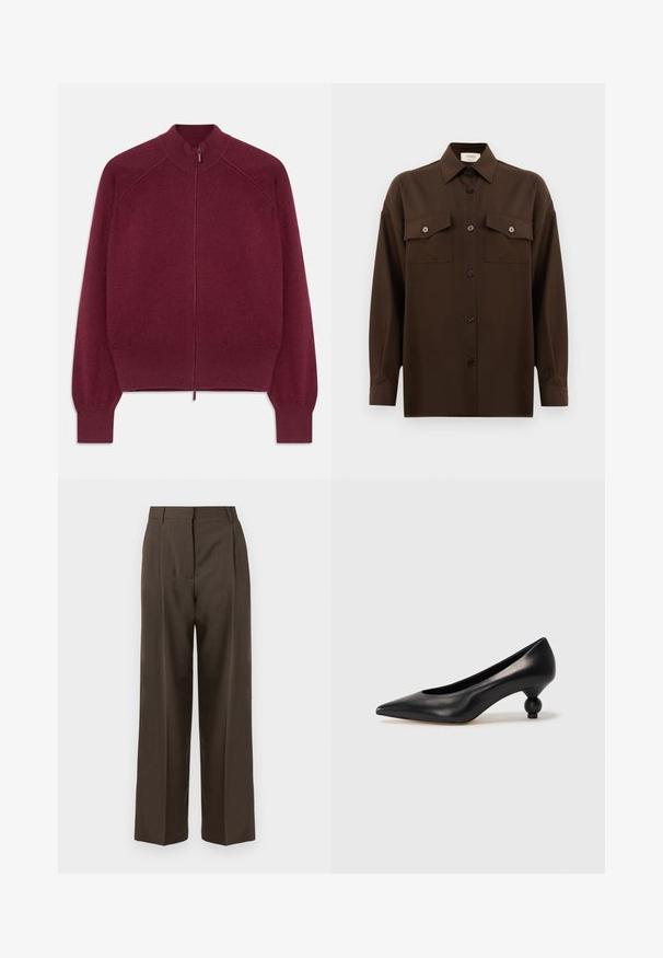 Burgonya színű zipzáras pulóver bordás gallérral, mandzsettával és aljjal, fehér háttér előtt laposan elhelyezve.; Sötétbarna, hosszú ujjú, gombos ing, két zsebével a mellén és klasszikus gallérral, egyszerű fehér háttér előtt bemutatva.; Barna, bő szárú nadrág sima textúrával, magas derékkal, elülső pleat-ekkel és testre szabott kialakítással. Nincsenek látható zsebek vagy díszítések.; Fekete bőr magassarkú cipő, hegyes orral és kerek, gömbölyű sarokkal. Simább textúrával, elegáns, minimalista dizájnnal.