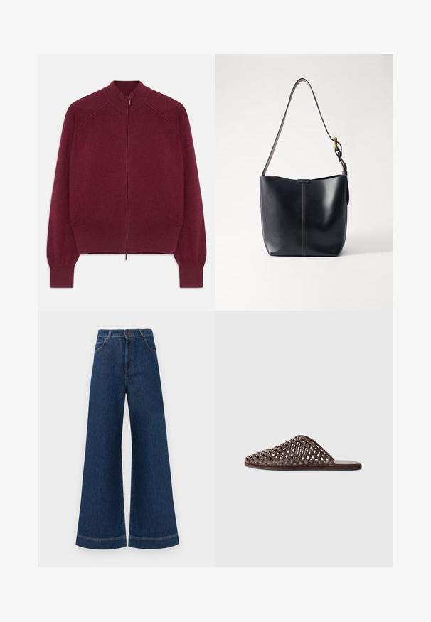 Burgunderfarbenes Zip-up Sweatshirt mit geripptem Kragen, Bündchen und Saum, flach vor einem weißen Hintergrund ausgestellt.; Weißes kurzärmliges Strickoberteil mit rundem Halsausschnitt, das eine glatte Textur und subtile Rippakzente an den Ärmeln und dem Saum aufweist.; Weite blaue Jeans aus Denim mit hoher Taille, ausgestattet mit einem Knopfverschluss, Gürtelschlaufen und dezenten Stichdetails an den Taschen und Säumen.; Braune gewobene Rutsch-Sandale mit abgerundeter Zehe, offenem Design, flacher Sohle und texturierter Oberfläche. Leichtes Material und minimalistisches Silhouette.; Schwarze Leder-Schultertasche mit glatter Oberfläche, ausgestattet mit einem dünnen, langen Tragegurt und einem dezenten genähten Detail in der Mitte.