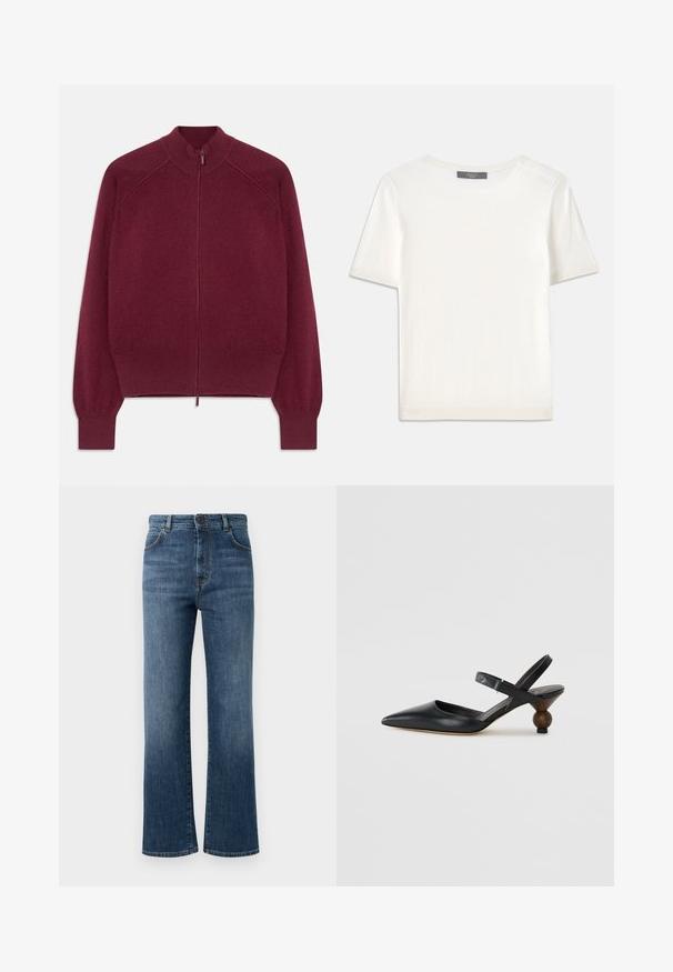 Burgundy zip-up sweater with ribbed collar, cuffs, and hem, displayed flat against a white background.; White short-sleeve knit top with a round neckline, featuring a smooth texture and subtle ribbed accents at sleeves and hem.; Denim jeans in dark blue, featuring a straight leg design, five-pocket styling, button closure, and subtle stitching details.; Black leather slingback shoe with a pointed toe, curved design, and a round wood-like heel. Features a narrow ankle strap.