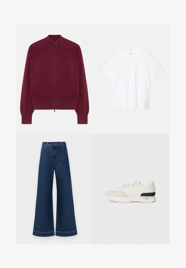 Bordeaux ritsweater met geribde kraag, manchetten en zoom, plat weergegeven tegen een witte achtergrond.; Witte katoenen t-shirt met korte mouwen, ronde halslijn, comfortabele pasvorm en gestikte zoom. Etiket zichtbaar aan de binnenzijde van de hals.; Brede blauwe denimjeans met een hoge taille, voorzien van een knoopsluiting, riemlussen en subtiele stikdetails langs de zakken en zoom.; Witte sneaker met een getextureerde suede neuskap, een soepel mesh bovenwerk, decoratieve veters en een zwarte rubberen hakaccent.