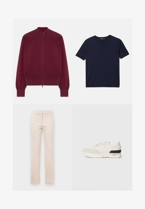 Bordeaux ritsweater met geribde kraag, manchetten en zoom, plat weergegeven tegen een witte achtergrond.; Navyblauwe T-shirt met korte mouwen van zacht materiaal, met een ronde halslijn en ribbelranden, een gladde textuur en zonder zichtbare patronen.; Beige katoenen broeken met een getailleerde pasvorm, rechte pijpen, een rits aan de voorkant en een gladde textuur. Voorzien van traditionele riemlussen.; Witte sneaker met een getextureerde suede neuskap, een soepel mesh bovenwerk, decoratieve veters en een zwarte rubberen hakaccent.