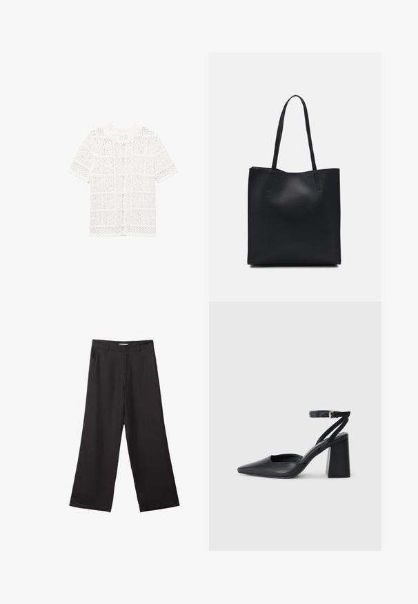 Weißes, gestricktes Kurzarmoberteil mit einem strukturierten Lochmuster und Knopfverschluss vorne. Gerader Saum und runder Ausschnitt.; Einfaches schwarzes T-Shirt aus Baumwolle mit kurzen Ärmeln und Rundhalsausschnitt, auf einem weißen Hintergrund dargestellt.; Schwarze weite Hosen aus glattem Stoff, mit einem Reißverschluss vorne und zwei seitlichen Taschen, maßgeschneiderter Passform und minimalistischem Design.; Schwarze Leder-Pumps mit spitzer Zehe, einem Knöchelriemen und einem blockigen Absatz. Flache Textur, elegantes Design und minimalistische Ästhetik.; Schwarze Laptoptasche aus Leder mit glatter Textur, rechteckiger Form und zwei langen Griffen. Keine sichtbaren Beschläge oder Verzierungen.