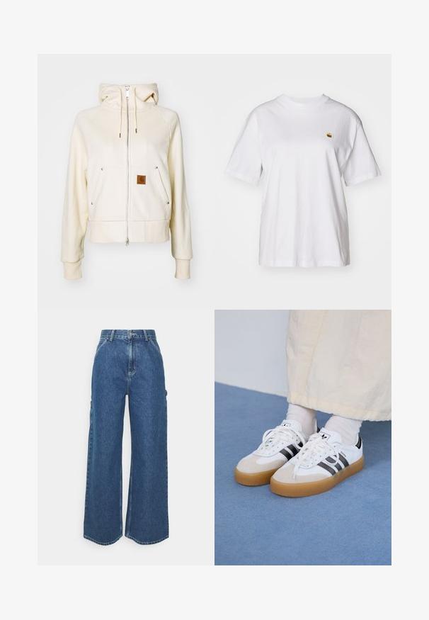 Krémová zipsová mikina vyrobená z mäkkého materiálu, s vysokým golierom, dvoma prednými vreckami a malým hnedým logom na ľavom vrecku.; Biely bavlnený tričko s voľným strihom, krátkymi rukávmi a malým vyšitým logom na ľavej strane hrude.; Dlhé modré džínsy so širokými nohavicami a vysokým pásom, s kontrastným prešívaním a bočnými vreckami, s klasickým dizajnom piatich vreciek a surovými lemami.; Biele tenisky s čiernymi pruhmi a béžovými semišovými detailmi. Majú textúrovanú gumovú podrážku a ploché biele šnúrky, kombinované s svetlými ponožkami.