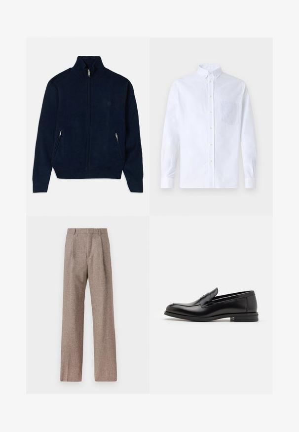 Tumesinine lukuga sviiter kõrge kraega, kahe küljetaskuga lukuga ja sileda tekstuuriga kangas. Rindkere piirkonnas on tagasihoidlik logo.; Valge pikamaa varrukatega nööbiga särk, mis on valmistatud puuvillast ja millel on rinna tasku toon-toonis brodeeringuga, krae ja nööbiga mansetid.; Prunnid, kõrge vöökohaga püksid, mis on valmistatud tekstureeritud kangast. Omavad laiu jalgu ja kahte eesmist voldikut struktuuri jaoks. Korralik viimistlus, ilma nähtava riistvarata.; Mustad mustad nahast loafers sileda tekstuuriga, ümarat ninaosa ja dekoratiivne riba vampi üle. Madal kihiline konts, minimalistlik disain.