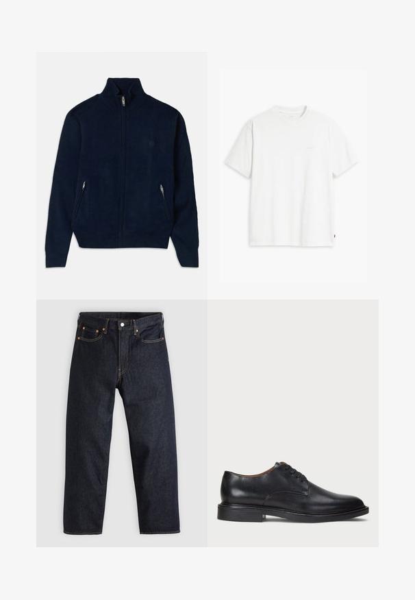 Jūras spēku tumši zilais džemperis ar augstu apkakli, divām sānu rāvējslēdzēja kabatām un gludām teksturētām audumam. Iezīmēts ar diskrētu logo uz krūšu daļas.; Balta kokvilnas T-krekls ar īsām piedurknēm, apaļu kakla izgriezumu un maigi redzamu Levi's logotipu centrā. Mīksta tekstūra un standarta piegriezums.; Tumši zili džinsi ar taisnu piegriezumu, piecām kabatām, kontrastējošiem apelsīnu diegiem un ar pogu aizdari. Nav redzamu rakstu vai rotājumu.; Melnas ādas kleitu kurpes ar apaļu purngalu, auklu dizainu un zemu sakrautu papēdi. Gluda virsma ar minimālām šuvju detaļām.