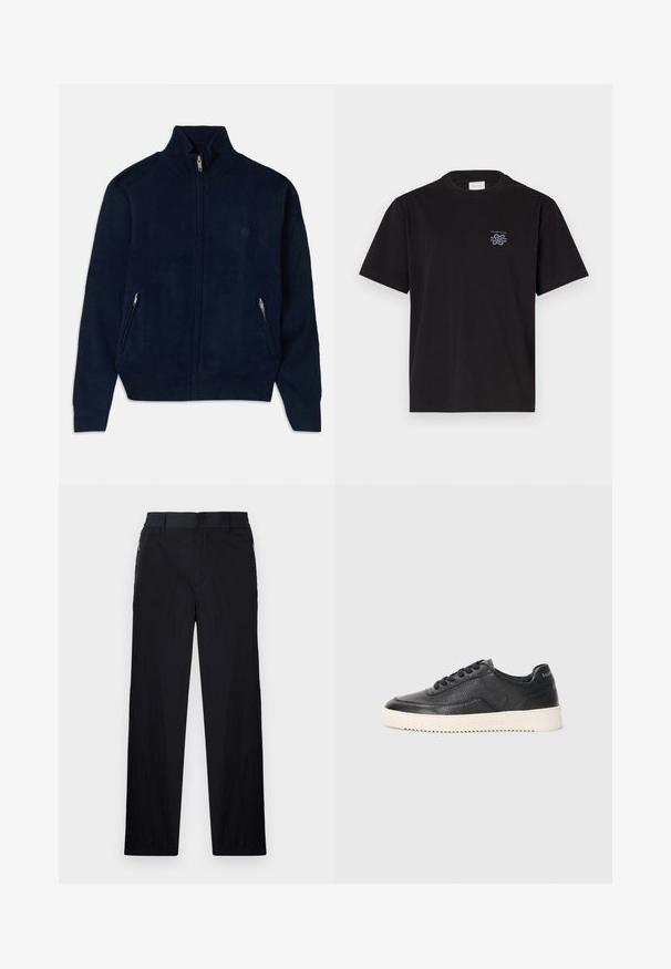 Sweater azul-escuro com fecho, tendo um colarinho alto, dois bolsos laterais com fecho e um tecido de textura suave. Apresenta um logótipo discreto no peito.; T-shirt de algodão preto com gola redonda e mangas curtas. Apresenta um pequeno logotipo azul no lado esquerdo do peito. Design simples e reto.; Calças pretas com um tecido leve e texturizado, design de pernas retas, cintura elástica e bolsos laterais com fecho.; Sapatilha em couro preto com acabamento texturizado, biqueira redonda e sola plana de borracha branca. Apresenta atacadores pretos e uma marca na parte de trás.