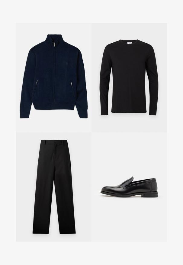 Tamsiai mėlynas džemperis su užtrauktuku ir aukšta apykakle, dviem šoninėmis kišenėmis su užtrauktukais bei lygiu tekstūruotu audiniu. Ant krūtinės yra subtilus logotipas.; Juodas ilgomis rankovėmis marškinėliai, pagaminti iš medvilnės, su apvalia iškirpte ir paprastu dizainu be matomų raštų ar puošmenų.; Juodos medvilnės kelnės su tiesiu kirpimu, turi priekinį mygtuko užsegimą ir šonines kišenes. Lygus paviršius, be raštų.; Juodos odinės loafers, turinčios lygų paviršių, apvalią noselę ir dekoratyvinę juostą per priekinę dalį. Žemas krentantis kulnas, minimalistinis dizainas.