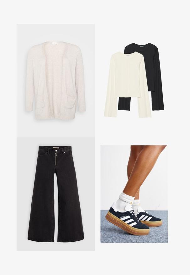 Kreemivärviline kardigan avatud esiosaga, pikkade varrukatega ja kahe esikotiga. Valmistatud pehmest kudumiskangast, millel on soonikkoes varrukaotsad.; Kaksik Eri pikkusega valge ja musta värvi pikkade varrukatega topsi. Ribikstruktuur, ümar kaelus, lihav disain, veidi laienevate varrukatega.; Laiad teksad mustast denimist, millel on lukuga eesmine osa, viie taskuga disain ja peened õmblusdetailid. Sile tekstuur ja juhuslik stiil.; Mustad seemisnahast tossud valgete triipude ja detailidega, ümarate varbassosadega, kummist välistallaga, paaritatud valgete soonikuliste meessokkidega.