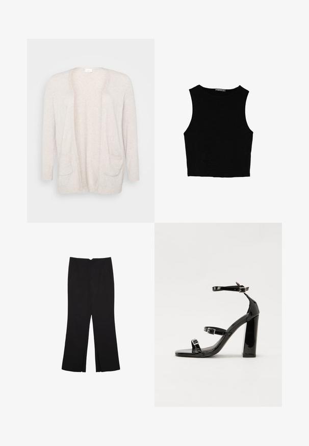 Krémový cardigan s otvoreným predným dielom, dlhými rukávmi a dvoma prednými vreckami. Vyrobený z mäkkej pleteniny s rebrovanými manžetami.; Čierny bezrukávový crop top vyrobený z hladkej tkaniny, so zaobleným výstrihom a čistým, jednoduchým dizajnom bez vzorov alebo kovania.; Čierne nohavice so strihom rovného strihu, s prednými vreckami a bočnými rozparkami na leme. Vyrobené z mäkkej, hladkej tkaniny. Vhodné na rôzne príležitosti.; Čierne lakované sandále na podpätku so štvorcovou špičkou, navlečenými remienkami okolo členku a striebornými prackami. Disponujú masívnym blokovým podpätkom pre stabilitu.