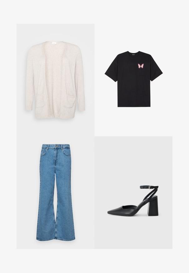Krém színű kardigán nyitott elülső résszel, hosszú ujjakkal és két elülső zsebbel. Puha kötött anyagból készült, bordás mandzsettákkal.; Fekete pamut póló rövid ujjakkal, bal mellkason egy kis rózsaszín pillangó grafikával. Kerek nyakú kialakítás, laza fazonnal.; Világoskék, trapézszárú farmernadrág, magas derékkal, öt zsebbel és egy gombos záródással. Puha tapintású, magasított effektusú anyag.; Fekete bőr, hegyes orrú magassarkú cipő boka pánttal és vastag sarokkal. Sima textúra, elegáns dizájn és minimális esztétika.