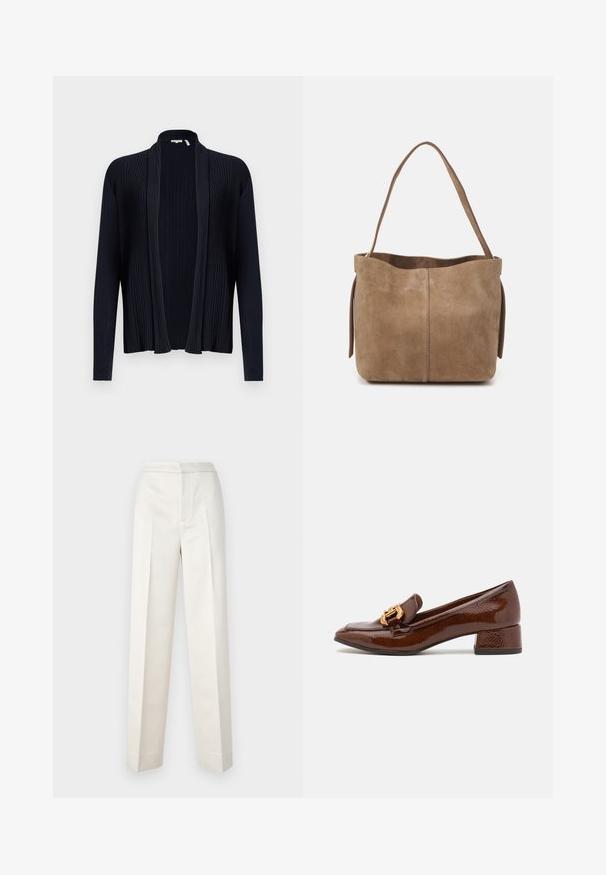 Cardigan de culoare bleumarin închis, cu textură cu nervuri, deschis în față, cu mâneci lungi și guler în stil șal. Fabricat dintr-un material neted și elastic.; Bluză albă cu guler ondulat, dungi verticale și țesătură texturată. Dispune de mâneci bufante elastice cu dantelă.; Pantaloni de culoare crem, cu o croială ajustată, având picioare drepte, material neted, pliseuri frontale și tiv curat. Design minimalist.; Loafers din piele maro cu un finisaj lucios, având o cataramă decorativă aurie în față și un toc mic tip bloc. Design clasic.; Geantă tote din suede maro cu o textură moale, deschisă în partea de sus și un singur bretele pentru umăr. Prezintă o finisare netedă și detalii minime.
