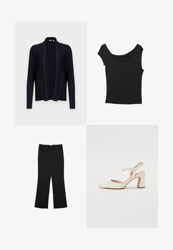 Temno modra cardigan jakna z rebrasto teksturo, odprtim sprednjim delom, dolgimi rokavi in šalom. Ima gladko, elastično tkanino.; Črna kratka majica s kratkimi rokavi iz gladkega blaga; ima drapiran izrez in asimetrično spodnjo rob, s prilegnjenim telesom.; Črne hlače ravnega kroja z naglavnimi žepi in stranskimi razporki na robu. Narejene iz mehke, gladke tkanine. Primerne za različne priložnosti.; Čevlji s koničastim nosom v kremni barvi z blokastim peto. Imajo tanki trak okoli gležnja z okroglo sponko in gladko usnjeno teksturo.