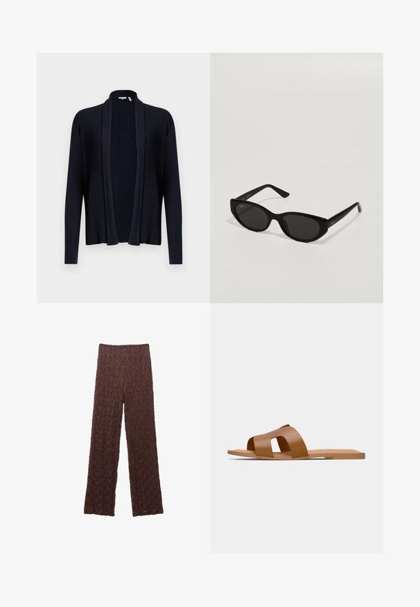 Donker marineblauwe cardigan met geribbelde textuur, open voorkant, lange mouwen en een sjawlboord. Heeft een gladde, rekbare stof.; Bruine kant blouse met lange mouwen, bloemenpatroon, knoopsluiting en een kraag. Doorzichtig textuur, korte zoomlengte en gedetailleerd bloemenontwerp.; Bruine textuurbroek met een gekreukt oppervlak, wijde benen en een elastische tailleband. De stof lijkt zacht en licht rekbaar.; Brune platte sandalen met brede gekruiste banden van soepel synthetisch materiaal en een platte, minimalistische zool.; Zwarte zonnebril met een smal, kattenoogvorm. Gemaakt van glad plastic, met donkere glazen en subtiele logo-accenten op de veren.; Geweven stro-tas met gevlochten textuur, donkerbruine leren handvatten en basis, wijd cirkelvormig ontwerp en open bovenkant.