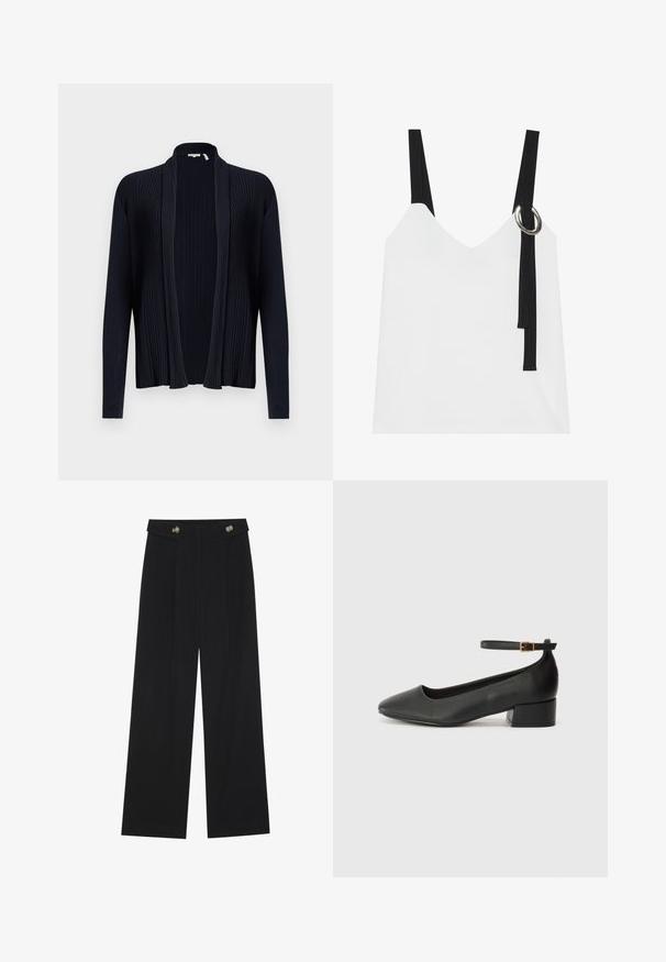 Cardigã azul-escuro com textura canelada, frente aberta, mangas longas e gola xale. Apresenta um tecido suave e elástico.; Top sem mangas branco com decote em V, apresentando alças pretas e um detalhe em forma de argola prateada. Tecido suave e um design moderno e minimalista.; Calças largas pretas com cintura alta, detalhes em botão na cintura e pregas frontais.; Sandal de pele preta com bico pontiagudo e um salto bloco baixo. Apresenta uma tira no tornozelo com uma fivela em tom dourado. Textura suave.