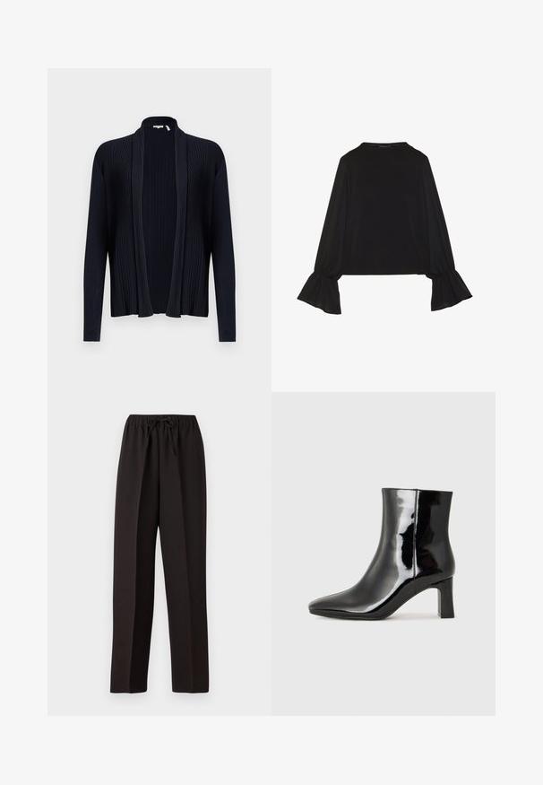Cardigan bleu marine foncé avec texture côtelée, devant ouvert, manches longues et col châle. Fabriqué avec un tissu lisse et extensible.; Top noir à manches longues avec des poignets évasés, texture douce et coupe décontractée, doté d'un col rond simple.; Pantalons larges noirs avec une taille élastique et un cordon de serrage ajustable. Fabriqués en un tissu léger et lisse sans motifs visibles.; Bottines en cuir verni noir avec un bout pointu et un talon block de hauteur moyenne. Texture lisse et design minimaliste.