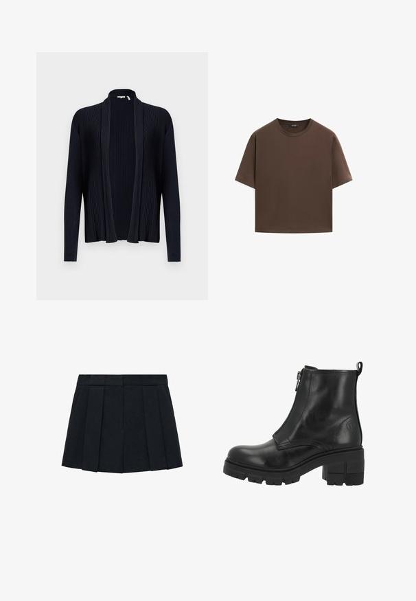 Mørkeblå cardigan med ribbet tekstur, åben front, lange ærmer og sjalskrave. Har et glat, strækbart stof.; Brun bomulds t-shirt, korte ærmer, rund halsudskæring, afslappet pasform, glat tekstur, minimalistisk design, ingen synlige mønstre eller accenter.; Sort plisseret nederdel lavet af stof med en glat tekstur. Har en struktureret talje og flere lodrette pliser for definition.; Sorte læder ankelstøvler med lynlås i siden, tyk sål og blokhæle. Har diskret syninger og et logo på den ydre side.
