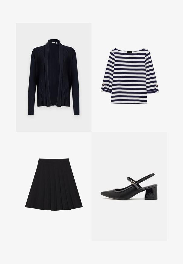 Dark navy cardigan with ribbed texture, open front, long sleeves, and a shawl collar. Features a smooth, stretchy fabric.; Navy and white striped long-sleeve top with a boat neckline and gold-button accents on rolled sleeves. Soft fabric, relaxed fit.; Black pleated skirt made of textured fabric with a fitted waistband. Falls to knee length, featuring a smooth, clean silhouette.; Black patent leather slingback heels with a pointed toe, a rounded cutout design, and a block heel. Features a gold-tone buckle accent.