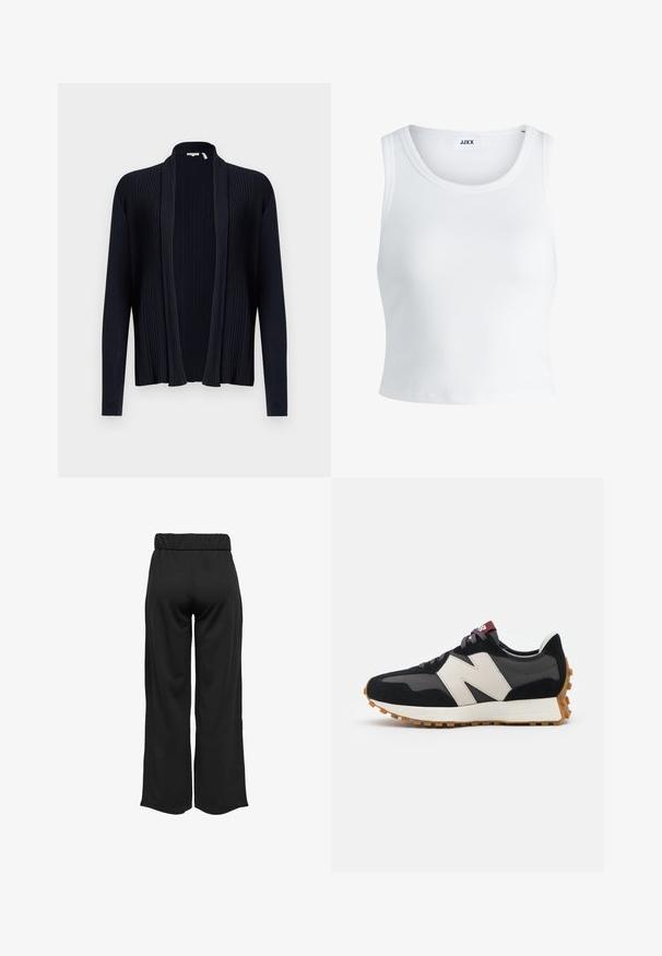 Temno modra cardigan jakna z rebrasto teksturo, odprtim sprednjim delom, dolgimi rokavi in šalom. Ima gladko, elastično tkanino.; Bela rebrasta majica brez rokavov z okroglim izrezom in krajšo dolžino. Oznaka navaja "JJXX." Gladka tekstura tkanine.; Črne hlače širokega kroja z elastičnim pasom, izdelane iz gladkega materiala. Imajo preprost dizajn brez žepov ali vidnih šivov.; Črne in sive semiš športne copate z velikim kremnim logotipom "N", vijoličastimi vezalkami in teksturiranim gumijastim podplatom.