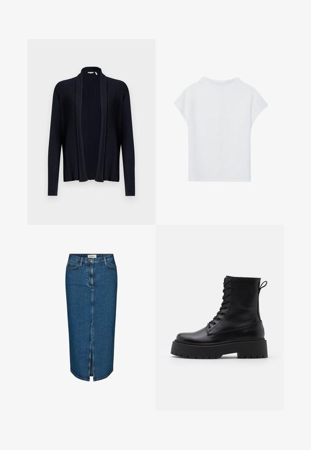 Donker marineblauwe cardigan met geribbelde textuur, open voorkant, lange mouwen en een sjawlboord. Heeft een gladde, rekbare stof.; Witte top met korte mouwen, kenmerkend door een relaxte pasvorm, lichte stof en een ronde halslijn. De achterkant toont een glad, eenvoudig ontwerp.; Denim kokerrok in donkerblauw, met een voor Slits, vijf zakken en contrasterende stiksels. Mid-rise taille met een klassiek ontwerp.; Zwarte leren enkelboots met een ronde neus, vetersluiting aan de voorkant en een dikke rubberen zool met een gestructureerd profiel. Trekbandje aan de achterkant.