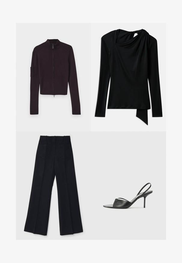 Juodas zip-up megztinis su aukštu apykakle, šonkauliu akcentais ant pečių ir kišenė ant kairiojo rankovo. Minkšta mezgimo medžiaga.; Juodas ilgomis rankovėmis viršus, pagamintas iš lygaus audinio, su drapiruotu kaklu, asimetriniu apačiu ir išpjova nugaroje.; Juodi plačių kojų kelnes, pagamintas iš lygios medžiagos, su aukštu liemeniu, dviem užpakalinėmis kišenėmis ir subtiliomis priekinėmis raukšlėmis, suteikiančiomis papildomą formą.; Juodos odinės slingback aukštakulnės bateliai su smailiu priekiniu galu, plona kulkšnies juostele ir stiletto kulnu. Papuošti mazginio detalė vampyro dalyje.