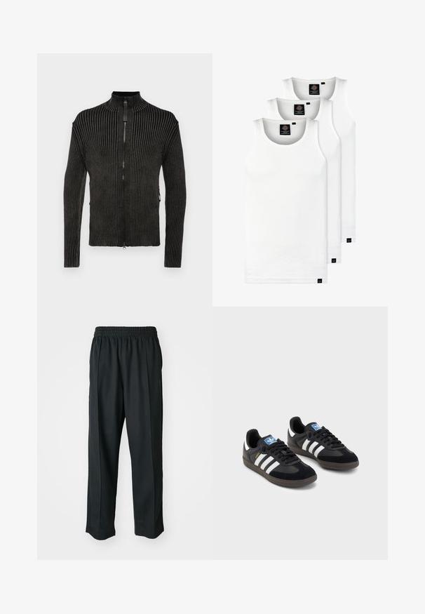 Replay Cardigan - black; Tre hvite ribbestrikkede tank topper laget av bomull. Har en rund hals og små svarte etiketter nær kanten. Tilgjengelig i flere størrelser.; Sorte idrettsbukser med elastisk midje, laget av glatt stoff, med subtile sidesømmer og en avslappet passform, rett ben-design.; Svarte sneakers med overdel i semsket lær og syntetisk materiale, med tre hvite striper, strukturert gummisåle og blå logoetikett på tungen.