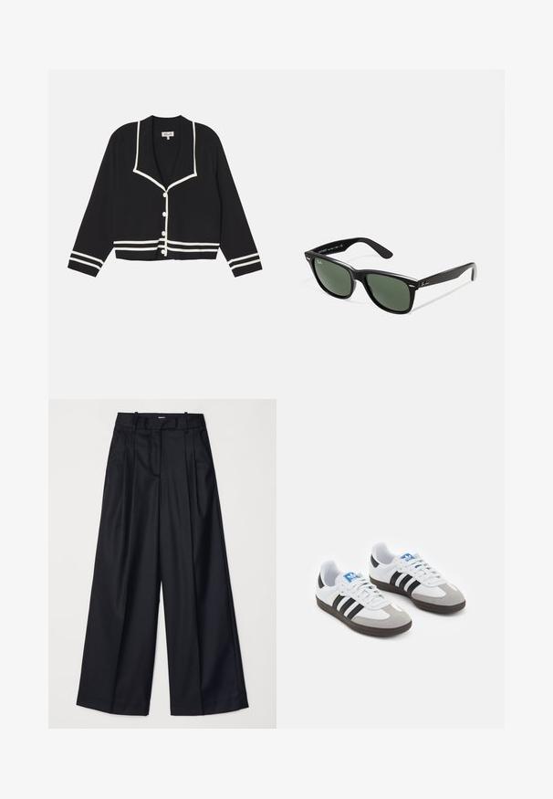 Sort cardigan med sjalskrave, hvid kontrastkant, fem knapper og stribede detaljer på ærmerne. Fremstillet af et blødt stof.; Langærmet hvid T-shirt med rund hals og "WEEKDAY" mærke på den indvendige krave, lagt fladt på en lys grå baggrund.; Sorte breddebenede bukser lavet af glat stof, med høj talje, læg og skræddersyet design. Enkel sort hardware i talje.; Sportsko med en overdel i hvid læder, grå ruskind på tåen og tre sorte striber. Har et blåt logo på tungen og en struktureret gummisål.; Sorte plastiksolkaber med grønne linser, firkantede stel, sølvaccent på brynene og teksturerede templede arme. Angivet mærke på den indre arm.
