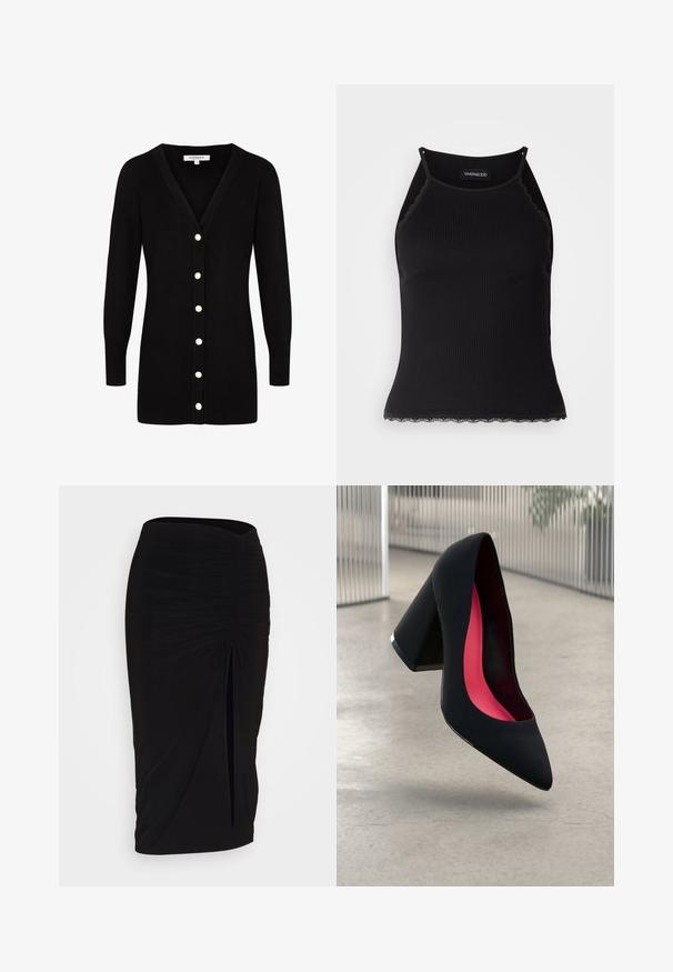 Morgan Chaqueta de punto - noir; Top de tanque negro con ribetes acanalados y borde de encaje con volantes en el dobladillo. Presenta tirantes finos y un diseño ajustado. Fabricado en tejido elástico.; falda lápiz negra con fruncido, detalle de lazo y abertura lateral. Hecha de un tejido elástico, con una textura suave y un diseño ajustado.; Zapato de tacón alto negro con puntera afilada, superficie texturizada y un interior de un rosa vibrante. Presenta un tacón grueso con un acento plateado.