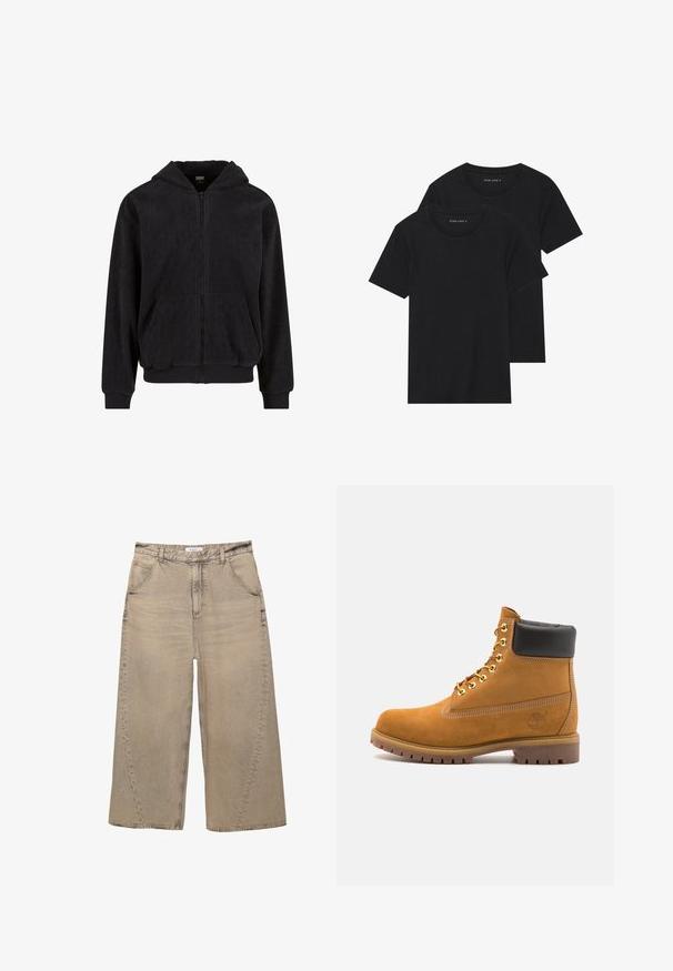 Fekete cipzáras kapucnis felső, textúrált mintával, kapucnival, két elülső zsebbel és bordázott mandzsettával és aljjal. Puha anyagból készült.; Két fekete pamut póló, rövid ujjú, kerek nyakkivágással és sima textúrával, egymásra rakva bemutatva.; PULL&BEAR MEGA BAGGY - Túlméretezett farmernadrág - light grey; Barna velúr bokacipő fekete párnázott gallérral, arany fém fűzőlyukakkal, fehér varrási részletekkel és durva gumitalppal, amelynek kifejezett barázdái vannak.