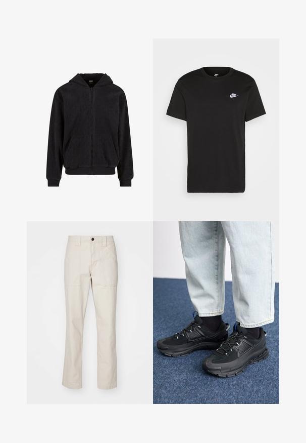 Black zip-up hoodie with a textured pattern, featuring a hood, two front pockets, and ribbed cuffs and hem. Made from soft fabric.; Black cotton T-shirt with short sleeves, round neck, and a small white Nike logo on the upper left chest. Smooth texture. Classic fit.; Beige cotton trousers with a straight leg design, featuring two front pockets, a single button closure, and visible stitching accents.; Black athletic shoes with textured fabric and rubber soles, featuring elastic laces and a blue accent on the heel. Worn with light denim pants.