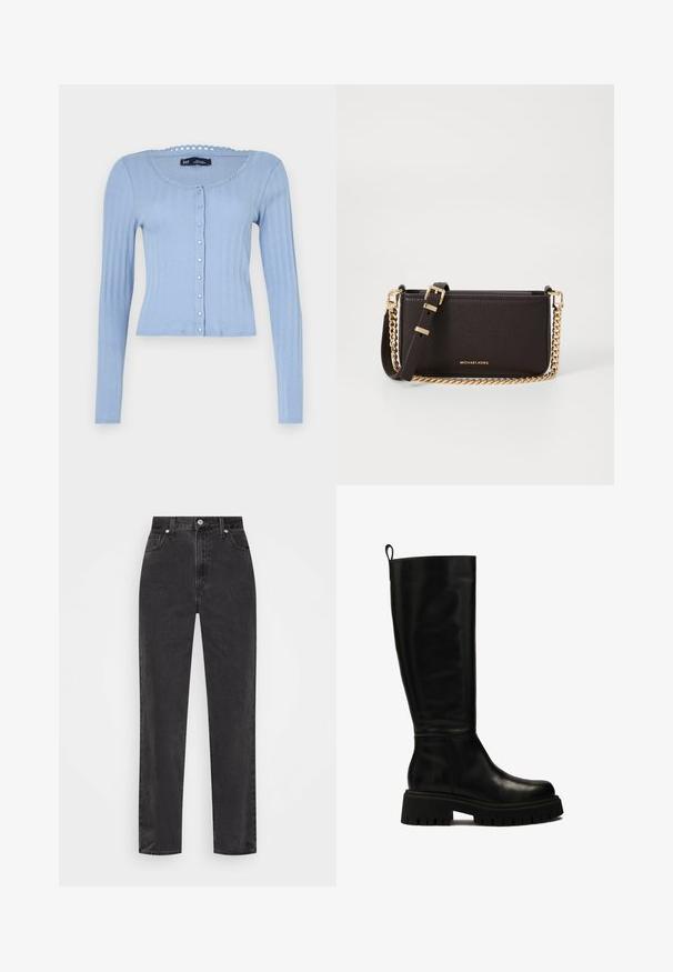 Svijetloplavi rebrasti kardigan s dugim rukavima, okruglim izrezom sa valovitim rubom i kopčanjem na dugmad s malim dekorativnim dugmadi.; Bijela košulja s dugim rukavima, strukturiranim ovratnikom i zaobljenim rubom. Napravljena od glatkog, čvrstog materijala bez vidljivih uzoraka ili akcenta.; Crne traperice ravnih nogavica s visokim strukom, prednjim kopčanjem na dugme i patentni zatvarač, te stilom s pet džepova na bijeloj pozadini.; Crne kožne čizme do koljena s elegantnim dizajnom, zaobljenim vrhom i masivnom gumenom potplatom s dubokim utorima te s trakicom za povlačenje na vrhu.; MICHAEL Michael Kors BRYANT SM XBODY POUCHETTE - Torba preko tijela - chocolate