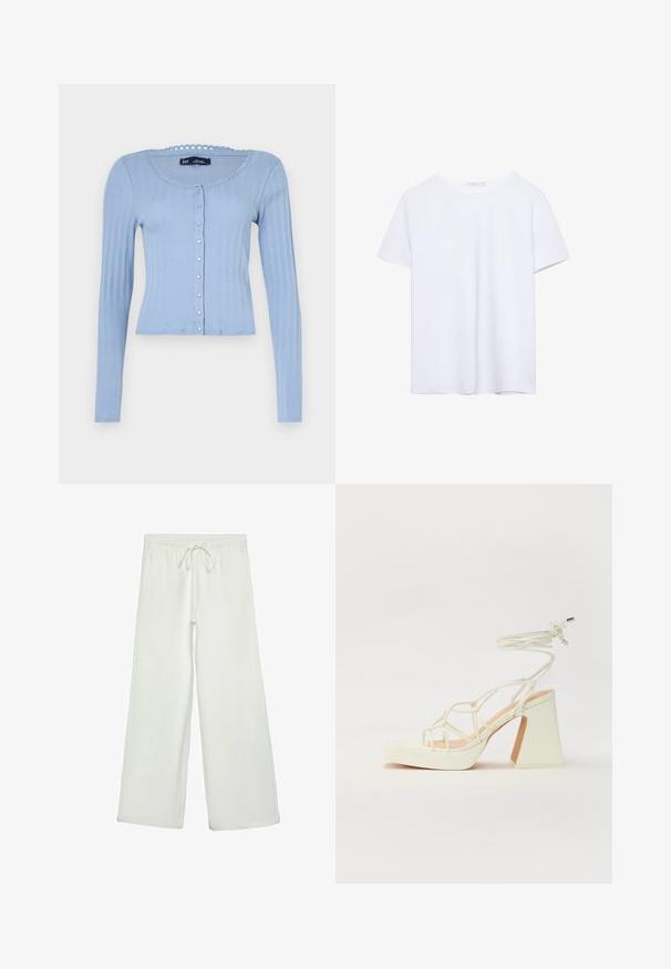 Svijetloplavi rebrasti kardigan s dugim rukavima, okruglim izrezom sa valovitim rubom i kopčanjem na dugmad s malim dekorativnim dugmadi.; Jednostavna bijela majica kratkih rukava s okruglim izrezom i ravnim rubom, prikazana na bijeloj pozadini.; Bijele hlače širokog kroja od mekog materijala. Imaju elastični pojas s vezicom i glatku teksturu. Nema vidljivih uzoraka ili metalnih dijelova.; Bijela sandala na visokoj potpetici s debelim petom, s remenom i vezanjem oko gležnja. Glatka tekstura s platformom sprijeda za dodatnu visinu.