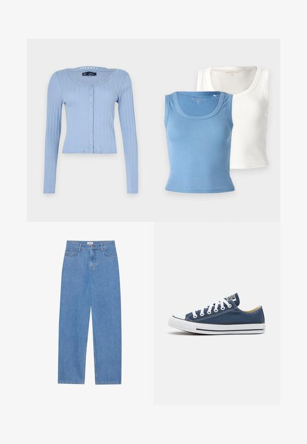 Ljust blå ribbad kappa med långa ärmar, rund halsringning med scalloped trim och knäppning med små dekoration knappar.; Två ribbade linnen: ett ljusblått och ett vitt. Båda har en rundad halslinje och en figursydd silhuett som framhäver tygets struktur.; Ljusblå denimjeans med rak passform, femficksdesign, enkel knappknäppning och subtila stygn detaljer på sömmarna.; Canvas sneakers i marinblått med vita snören och ögla, med en vit gummikappa vid tån och en svart rand längs sulan.