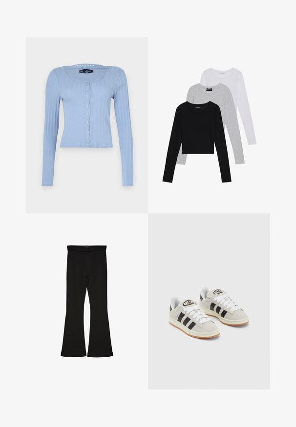 Gaiši zils ribots kardigans ar garām piedurknēm, apaļu apkakli ar viļņainu apdari un pogu aizdari ar mazām dekoratīvām pogām.; Trīs garām piedurknēm veidotas augšdaļas, sakrautās: melna, pelēka un balta. Katram ir noapaļots kakla izgriezums un īsa dizaina forma ar gludu, vieglu audumu.; Melnas flared leggings, kas izgatavotas no stiepjama auduma. Iezīmējas ar platu jostasvietu un gludu tekstūru, ar pieguļošu siluetu, kas paplašinās pie apakšmalas.; Pelēkas zamšādas kedas ar baltām saites, melnām svītrām un baltu gumijas zoli. Raksturīga apļa logo uz mēles un gumijas zole.