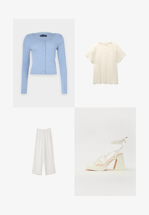 Vaaleansininen ribattuja neulejakku, jossa on pitkät hihat, pyöreä kaula-aukko, jossa on aaltoileva reuna, sekä nappisuljenta pienillä koristeellisilla napeilla.; Vaaleanbeige lyhythihainen t-paita, jossa on pyöreä kaula-aukko, valmistettu pehmeästä ja sileästä kankaasta. Ominaisuuksina rento mitta ja suora helma.; Valkoiset leveälahkeiset housut kevyestä kankaasta. Ominaisuuksiin kuuluu elastinen vyötärö, jossa on nauhakuuluma ja sivutaskut. Sileä rakenne.; Valkoinen korkokenkä, jossa on paksu korko, ja joka sisältää nauhakiinnityksen ja nilkkaketjun. Sujuva pinta, jossa on platform-etupohja lisäkorkeutta varten.