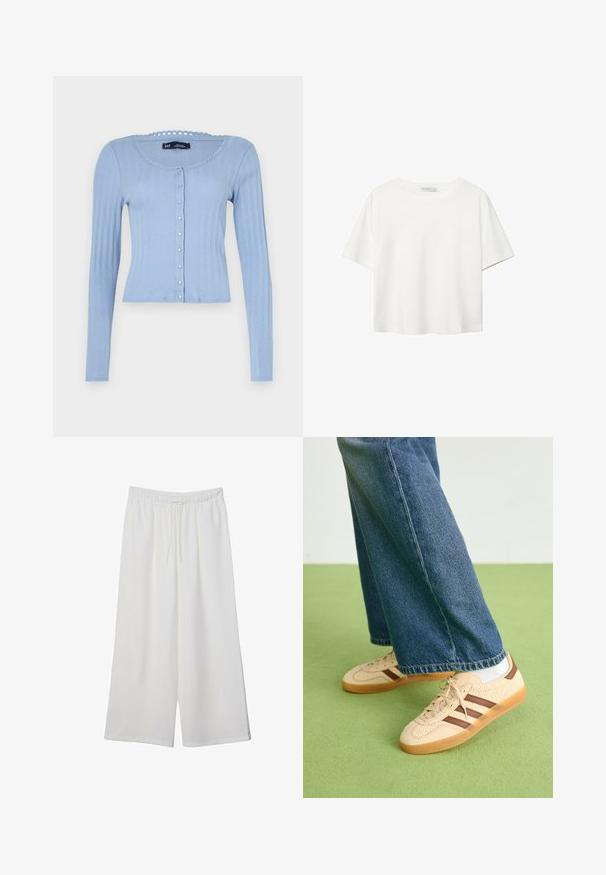 Svetlo modra rebrasta kardigan z dolgimi rokavi, okroglim izrezom s valovitim robom in gumbnim zapiranjem z majhnimi okrasnimi gumbi.; Bela kratka majica s kratkimi rokavi iz bombaža. Ima okroglo izrezovanje in sproščen kroj. Gladka tekstura brez vidnih vzorcev ali poudarkov.; Bele široke hlače iz lahkega materiala, ki imajo elastičen pas in vrvico za prilagajanje. Gladka tekstura.; Bež teniske z teksturiranimi kremnimi paneli in rjavimi črtami, v kombinaciji z modrimi kavbojkami. Kavbojke imajo široke hlačnice in raztrgan rob.