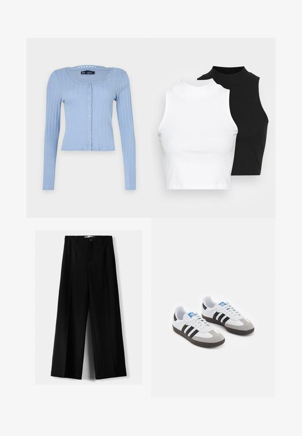 Light blue ribbed cardigan featuring long sleeves, a round neckline with scalloped trim, and button closure with small decorative buttons.; Two sleeveless ribbed turtleneck tops in black and white, featuring a fitted design and smooth texture, with cropped length.; Black wide-leg trousers made of lightweight fabric, featuring a front button closure and flat front, with neatly stitched hems.; Sport shoes with a white leather upper, gray suede toe, and three black stripes. Features a blue logo on the tongue and a textured rubber sole.