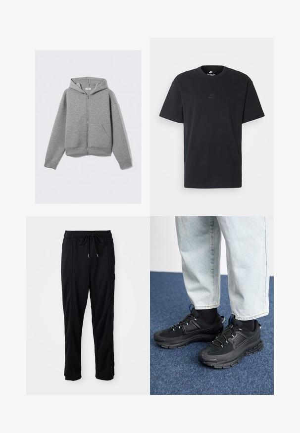 Haut à zip gris avec une fermeture éclair sur le devant, grandes poches kangourou, manches longues et capuche à cordon en matériau doux et texturé.; T-shirt en coton noir Nike avec un col rond classique, des manches courtes et un logo embossé subtil sur la poitrine. Texture lisse.; Pantalons décontractés noirs à taille à cordon de serrage avec poches latérales et coupe droite sur fond uni.; Des chaussures de sport noires avec un tissu texturé et des semelles en caoutchouc, dotées de lacets élastiques et d'un accent bleu au talon. Portées avec un pantalon en denim clair.
