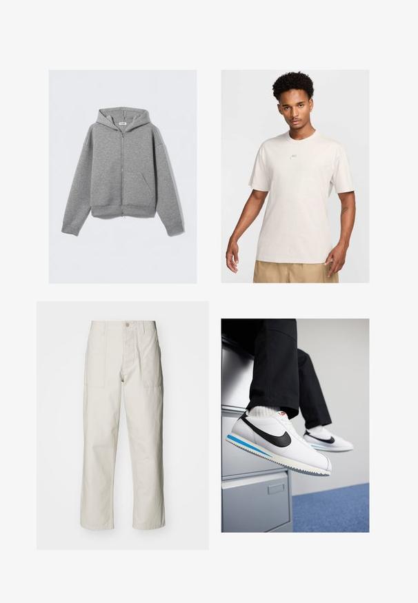 Grijze zip-up hoodie met een voorrits, grote kangoeroe zakken, lange mouwen en een capuchon met trekkoord van zachte, gestructureerde stof.; Man met kort krullend haar draagt een beige Nike t-shirt en kaki shorts, kijkt recht vooruit tegen een eenvoudige lichte achtergrond.; Lichtbeige wijde broek van katoen. Voorzien van steekzakken en een knoopsluiting. Glad textuur met subtiele verticale lijnen.; Witte leren sneakers met een zwarte Nike swoosh, lichtblauwe en grijze rubberen zool, en een klassiek vetersluiting ontwerp. Voeten rustend op een archiefkast.