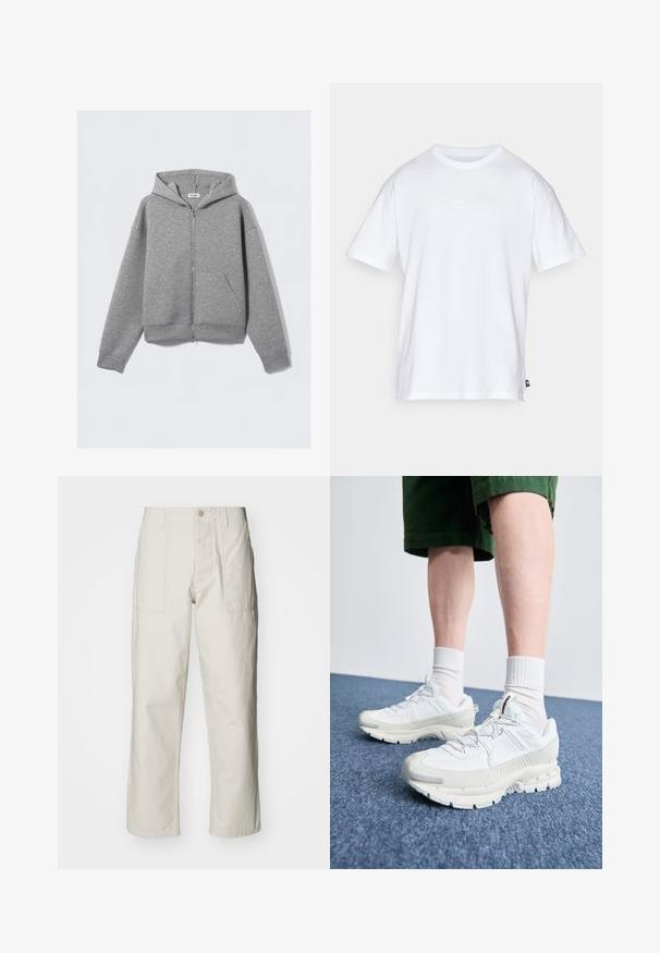 Sudadera con cremallera en color gris, con una cremallera frontal, grandes bolsillos tipo canguro, mangas largas y capucha con cordón, fabricada en un material suave y texturizado.; Camiseta de algodón blanca con mangas cortas y cuello redondo. Presenta un pequeño y sutil logo de Nike en el pecho y una etiqueta lateral.; Pantalones de pierna ancha color beige claro, hechos de algodón. Cuentan con bolsillos frontales y cierre de botón. Textura suave con sutiles líneas verticales.; Zapatillas deportivas blancas con superposiciones texturizadas, una suela gruesa y acentos grises. Llevadas con calcetines blancos hasta la pantorrilla y pantalones cortos verdes sobre una superficie azul.
