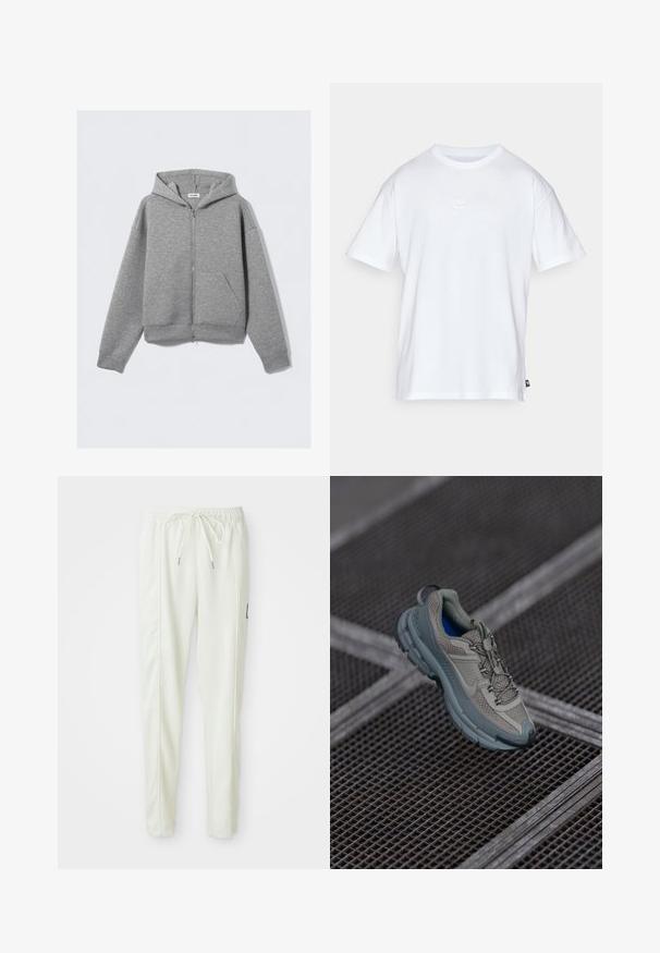 Haut à zip gris avec une fermeture éclair sur le devant, grandes poches kangourou, manches longues et capuche à cordon en matériau doux et texturé.; T-shirt en coton blanc à manches courtes et col rond. Présente un petit logo Nike subtil sur la poitrine et une étiquette sur le côté.; Pantalons de jogging slim blancs avec ceinture élastique et cordon de serrage, présentant des détails de couture sur les côtés et un petit patch noir sur la jambe droite.; Chaussure de sport beige et grise avec une tige en maille texturée, un bout arrondi et une semelle en caoutchouc, comportant des lacets et un col rembourré.