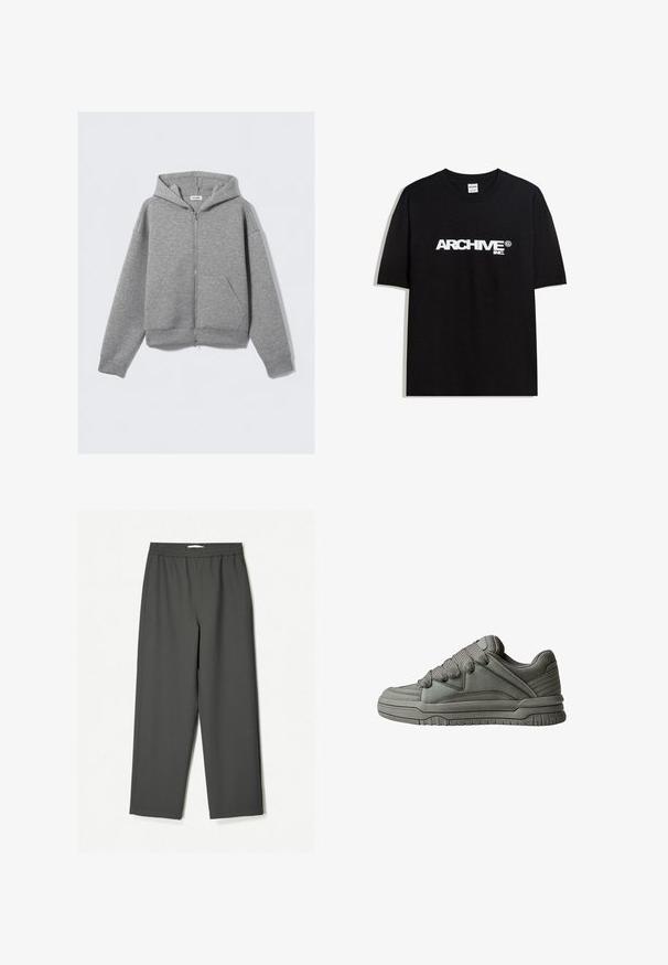 Siva zip-up kapuca z zadrgo spredaj, veliki kenguru žepi, dolgi rokavi in kapuca s vrvico iz mehke, teksturirane tkanine.; Črna bombažna majica s kratkimi rokavi z belim logotipom "ARCHIVE inc." čez prsa in okroglo ovratnikom.; Temno sivi, visok pas široke hlače iz lahkega materiala. Elastičen pas, brez vidnih vzorcev in stranske žepe.; Sivi atletski čevelj z teksturirano usnjeno in mrežasto zgornjico, debelim gumijastim podplatom ter izrazito oblazinjenim jezikom in stranmi. Vključene vezalke in stranski poudarki.