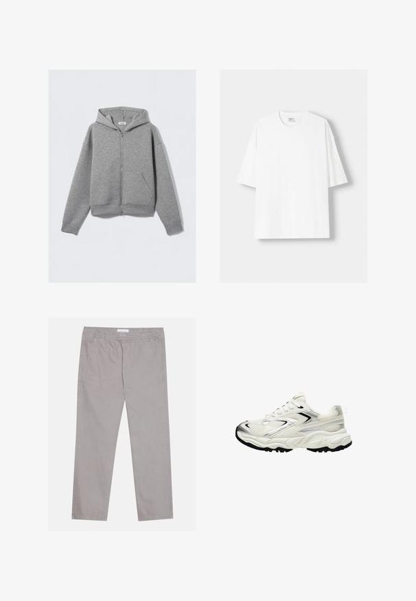 Grauer Reißverschluss-Hoodie mit Frontreißverschluss, großen Kängurutaschen, langen Ärmeln und einer Kapuze mit Kordelzug aus weich strukturiertem Material.; Weißes kurzärmliges T-Shirt aus Baumwolle mit Rundhalsausschnitt und lockerer Passform. Glatte Textur, ohne sichtbare Muster oder Akzente.; Hellgraue Baumwollhose mit elastischem Bund, zwei seitlichen Taschen, geradem Beinschnitt und glatter Textur. Simple Nahtdetails.; Weiße Sneaker mit einem Obermaterial aus Mesh, silbernen Akzenten, schwarzer Sohle und strukturierten Einsätzen. Verfügt über ein Schnürdesign und eine abgerundete Zehenform.