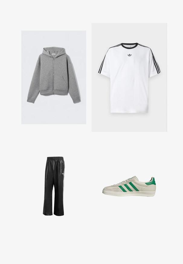 Haut à zip gris avec une fermeture éclair sur le devant, grandes poches kangourou, manches longues et capuche à cordon en matériau doux et texturé.; T-shirt blanc en coton, doté d'un col rond noir et de trois rayures noires sur chaque épaule. Petit logo noir sur la poitrine.; Pantalons de sport synthétiques noirs avec une taille élastique, dotés de rayures blanches sur les côtés et d'un petit logo blanc sur la hanche gauche.; Baskets beiges avec des rayures vertes, dotées d'une semelle blanche et d'un dessus en cuir lisse. Vue de côté mettant en valeur les détails des lacets et le logo.