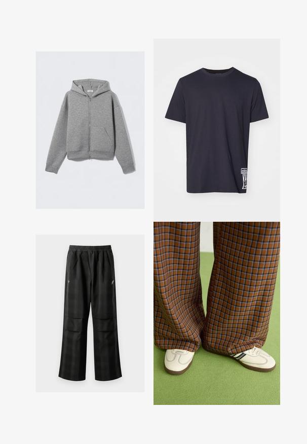 Pilkas zip-up bliuzonas su priekiniais užtrauktukais, didelėmis kengūrų kišenėmis, ilgomis rankovėmis ir reguliuojama kapisonu, pagamintas iš švelnios, tekstūruotos medžiagos.; Juoda medvilninė marškinėliai su apvalia iškirpte, trumpomis rankovėmis ir baltu logotipo ženkleliu apatinėje pusėje. Lygus paviršius, standartinė silueto forma.; Juodos languotos kelnės su elastingu juosmeniu, dviem priekinėmis kišenėmis ir laisvu tiesiu kirpimu. Pagamintos iš lengvos medžiagos.; Rudos ir mėlynos langelinės plačios kelnės, derinamos su baltais batais su juodais akcentais ir tekstūruotais padais, prieš žalią foną.