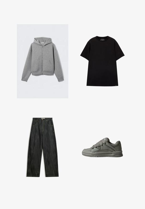 Grauer Reißverschluss-Hoodie mit Frontreißverschluss, großen Kängurutaschen, langen Ärmeln und einer Kapuze mit Kordelzug aus weich strukturiertem Material.; PULL&BEAR JOIN LIFE - T-Shirt basic - black; Dunkelblaue Jeans mit lockerer Passform, mit subtiler vertikaler Struktur, gelben Nähten, fünf Taschen und klassischem Knopfverschluss.; Grau Sport-Schuh mit strukturiertem Leder- und Mesh-Obermaterial, dickem Gummisohle sowie auffälliger gepolsterter Zunge und Seiten. Schnürsenkel und seitliche Akzente inklusive.
