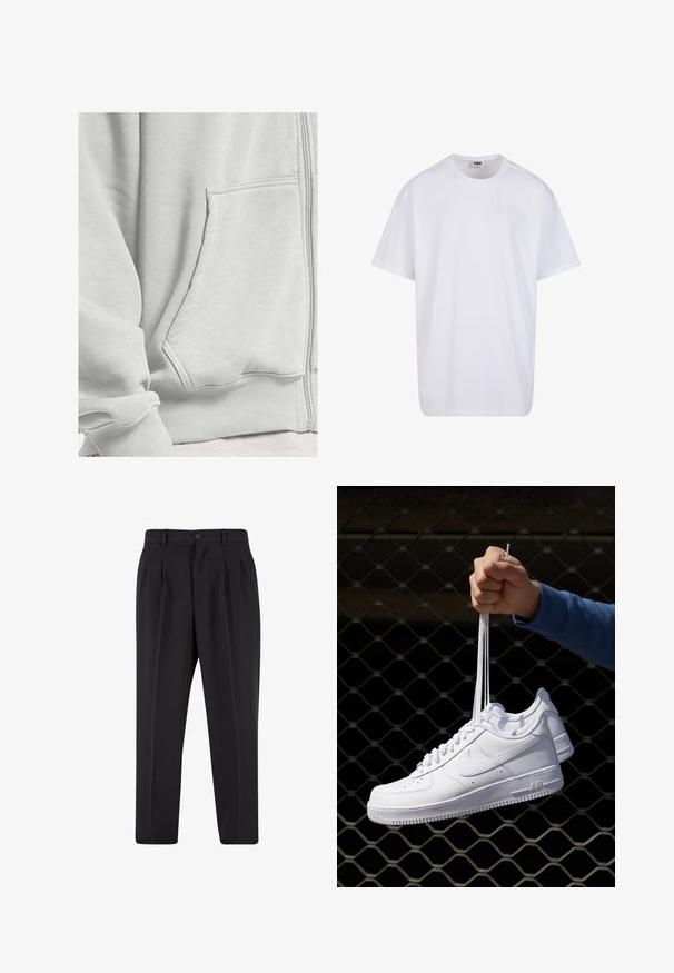 DEF Jaka ar rāvējslēdzēju - grey washed; Balta kokvilnas T-kreklu ar īsām piedurknēm, apaļu kakla izgriezumu, brīvu piegriezumu un bez redzamām logo vai rakstiem. Gluda tekstūra un minimālistisks dizains.; Melni brīvie bikses ar krokotu priekšpusi, izgatavotas no gludas auduma. Iespējama poga aizdare un jostas cilpas; taisnu kāju forma.; Baltas ādas sporta apavi ar perforācijām, apaļu purngali, plakanu zoli un biezām šņorēm, ar redzamu swoosh logo un vārdu "AIR" uz papēža.