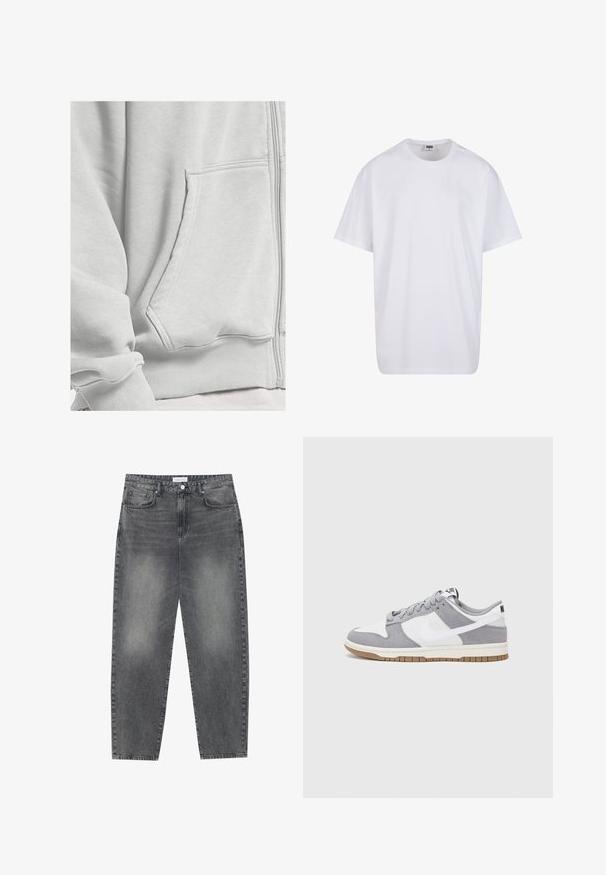 DEF Felpa con zip - grey washed; Maglietta bianca in cotone con maniche corte, scollatura rotonda, vestibilità comoda e senza loghi o motivi visibili. Texture liscia e design minimale.; Jeans a vita alta, dal taglio ampio in denim nero sbiadito. Presentano cinque tasche, passanti per cintura e un design dritto e pulito.; Sneaker grigia e bianca con tomaia in suede e pelle, punta arrotondata, lacci piatti e soletta in gomma con un accento color caramello.