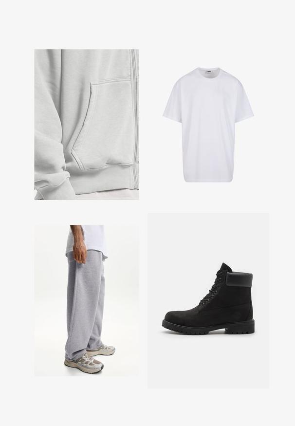 DEF Sweater met rits - grey washed; Witte katoenen t-shirt met korte mouwen, ronde hals, relaxte pasvorm en zonder zichtbare logo's of patronen. Gladde textuur en minimalistisch ontwerp.; Grijze sweatpants van zachte stof, met een losse pasvorm en een elastische tailleband. Gecombineerd met beige en grijze sportschoenen.; Zwarte enkellaars met vetersluiting, voorzien van een gevoerde kraag en een robuuste zool, weergegeven in profiel tegen een witte achtergrond.