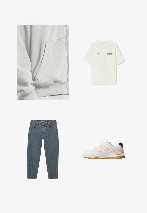 DEF Felpa con zip - grey washed; T-shirt bianco in cotone con maniche corte. La parte anteriore presenta testo nero: "NON DOMANI NON OGGI" e "L'ARTE DEL MUOVERE LA POLVERE" in corsivo verde.; Jeans in denim blu scuro con vestibilità comoda, design a cinque tasche, chiusura con bottone e orlo leggermente sfilacciato. Materiale resistente con una texture sottile.; Sneaker bianco con tomaia in pelle liscia e camoscio, suola in gomma e sottili dettagli grigi. Presenta sei asole e un tassello sul tallone nero.